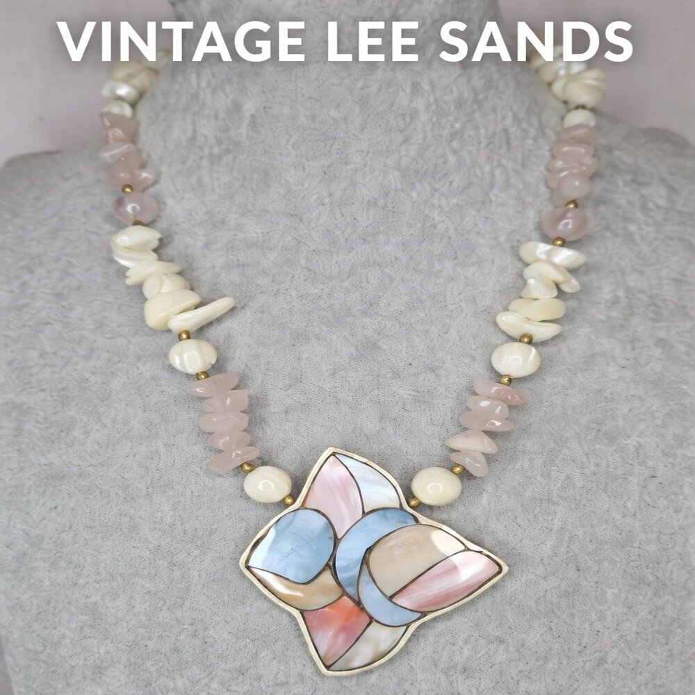Vintage Lee Sands Mother of Pearl Inlay Statement Necklace Pink Blue Coastal 80s